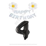 Beyaz Happy Bırthday Set Papatya ve Siyah Rakam Folyo Balon Seti Yaş 4