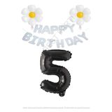 Beyaz Happy Bırthday Set Papatya ve Siyah Rakam Folyo Balon Seti Yaş 5