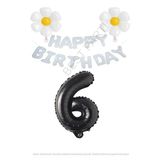 Beyaz Happy Bırthday Set Papatya ve Siyah Rakam Folyo Balon Seti Yaş 6