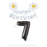 Beyaz Happy Bırthday Set Papatya ve Siyah Rakam Folyo Balon Seti Yaş 7