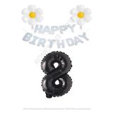 Beyaz Happy Bırthday Set Papatya ve Siyah Rakam Folyo Balon Seti Yaş 8