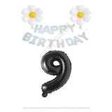Beyaz Happy Bırthday Set Papatya ve Siyah Rakam Folyo Balon Seti Yaş 9
