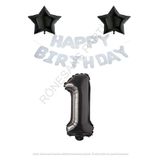 Beyaz Happy Bırthday Set Siyah Yıldız ve Rakam Folyo Balon Seti Yaş 1