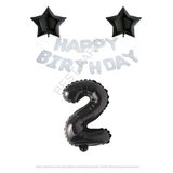 Beyaz Happy Bırthday Set Siyah Yıldız ve Rakam Folyo Balon Seti Yaş 2
