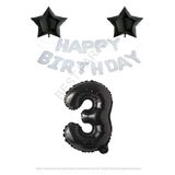 Beyaz Happy Bırthday Set Siyah Yıldız ve Rakam Folyo Balon Seti Yaş 3