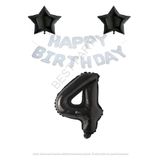 Beyaz Happy Bırthday Set Siyah Yıldız ve Rakam Folyo Balon Seti Yaş 4