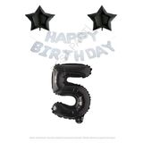 Beyaz Happy Bırthday Set Siyah Yıldız ve Rakam Folyo Balon Seti Yaş 5