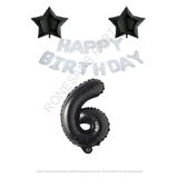 Beyaz Happy Bırthday Set Siyah Yıldız ve Rakam Folyo Balon Seti Yaş 6