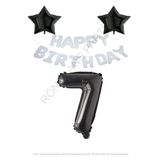 Beyaz Happy Bırthday Set Siyah Yıldız ve Rakam Folyo Balon Seti Yaş 7