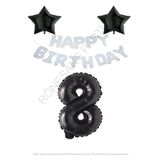 Beyaz Happy Bırthday Set Siyah Yıldız ve Rakam Folyo Balon Seti Yaş 8