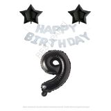 Beyaz Happy Bırthday Set Siyah Yıldız ve Rakam Folyo Balon Seti Yaş 9