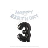 Beyaz Happy Bırthday Set ve Siyah Rakam Folyo Balon Seti Yaş 3