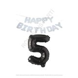 Beyaz Happy Bırthday Set ve Siyah Rakam Folyo Balon Seti Yaş 5