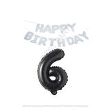 Beyaz Happy Bırthday Set ve Siyah Rakam Folyo Balon Seti Yaş 6