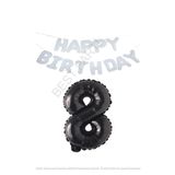 Beyaz Happy Bırthday Set ve Siyah Rakam Folyo Balon Seti Yaş 8