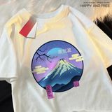 Beyaz Japon Harajuku Sakura Fuji Dağı Tee Elbise Yaz Hip Hop Tshirt Crewneck gr - XL
