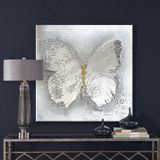 Beyaz Kelebek Yağlı Boya Dokulu Tablo 120X120 Siyah Çerçeveli