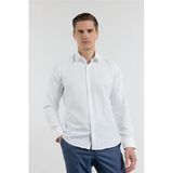 Beyaz Kendinden Desenli Sert Yaka Uzun Kol Cepsiz Slim Fit Pamuklu Gömlek 1004255283