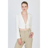 Beyaz Keten Görünümlü %100 Pamuk Bağlama Detaylı Crop Blazer Ceket 7070