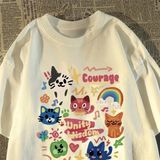 Beyaz Kore Retro Sevimli Kedi Ler Için Gevşek Yuvarlak Boyun Yaz - XL