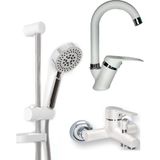 Beyaz Krom Banyo Bataryası Lavabo Bataryası ve Sürgülü Duş Seti 3’lü Set