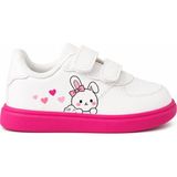 Beyaz Kurdela Tokalı Tavşan Baskılı Beyaz Pembe Taban Bantlı Çocuk Spor Ayakkabı Sneaker - Beyaz - Fuşya