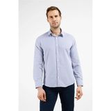 Beyaz-Lacivert Çizgili Desen Sert Yaka Uzun Kol Cepsiz Slim Fit Pamuklu Gömlek 1004255282