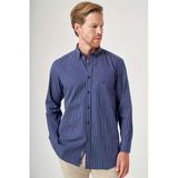 Beyaz-Lacivert Düğmeli Yaka Uzun Kol Cepsiz Slim Fit %100 Pamuk Gömlek 1004260204