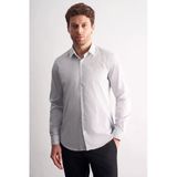 Beyaz - Lacivert Sert Yaka Çizgili Desen Uzun Kol Slim Fit Esnek Gömlek 1004255177