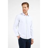 Beyaz - Mavi Kendinden Desenli Sert Yaka Uzun Kol Cepsiz Slim Fit Pamuklu Gömlek 1004255216