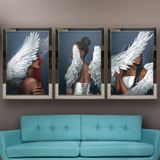 Beyaz Melek Kanatlı Afrikalı Kadınlar Temalı Aynalı Çerçeveli 3 lü Kanvas Tablo Seti 150x70 cm SETS0223