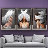 Beyaz Melek Kanatlı Kadınlar Temalı Aynalı Çerçeveli 3 lü Kanvas Tablo Seti 150x70 cm SETS0220