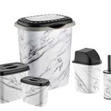 Beyaz Mermer Desen 9 Parça Banyo Çamaşır Seti Kirli Sepeti+Deterjanlık Wc Fırçası Diğerleriyle Full