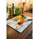 Beyaz Mermer Desenli Cam Kesme ve Sunum Tahtası – Temperli Cam, 25×35 cm