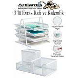 Beyaz Metal Evrak Rafı 3 Lü Ve Masaüstü Kalemlik 1 Paket Masaüstü A4 Dosya 3 Katlı Düzenleyici Kağıt Tepsisi Metal