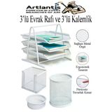 Beyaz Metal Evrak Rafı 3 Lü Ve Masaüstü Kalemlik 3 Lü 1 Paket Masaüstü A4 Dosya 3 Katlı Düzenleyici Kağıt Tepsisi