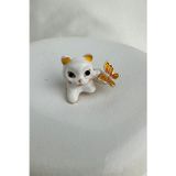 Beyaz Mineli Kelebek Tutan Sevimli Kedi Broş (3cm)