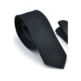 Beyaz Noktalı Verev Çizgili Siyah Dokuma Kumaş Mendilli Slim Fit Kravat / SDK-220712