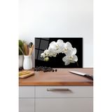 Beyaz Orkide Cam Kesme Tahtası, Silikon Ayaklı, Isıya Kırılmaya Dayanıklı, Sunum Kesim Tablası - 30 x 45 cm