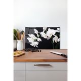 Beyaz Orkideler Cam Kesme Tahtası, Silikon Ayaklı, Isıya Kırılmaya Dayanıklı, Sunum Kesim Tablası - 23 x 35 cm