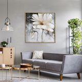 Beyaz Papatya Yağlı Boya Dokulu Tablo 120X120 Gümüş Çerçeveli