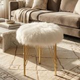Beyaz Peluş Puf Tabure, Gold Renk Metal Ayaklı Yumuşak Oturma Pufu 38x37 Cm - Yatak Odası, Salon Pufu Beyaz
