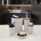 Beyaz Plastik Banyo Seti, 5 Parça, Çöp Kovası, Tuvalet Fırçası, Diş Fırçalığı, Sabunluk ve Sıvı Sabunluk