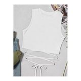 Beyaz Renk Bisiklet Yaka Düz Desensiz Likralı İpli Fitilli Kaşkorse Crop Top Bluz