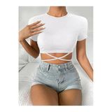 Beyaz Renk Bisiklet Yaka Düz Desensiz Likralı İpli Fitilli Kaşkorse Crop Top Kısa Kollu Bluz