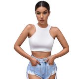 Beyaz Renk Bisiklet Yaka Düz Desensiz Likralı Slim Fit Crop Top Bluz (Beyaz, M)