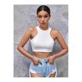 Beyaz Renk Halter Yaka Düz Desensiz Likralı Slim Fit Crop Top Bluz