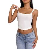 Beyaz Renk Kalın Askılı Düz Desensiz Likralı Fitilli Kaşkorse Crop Top Bluz