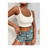 Beyaz Renk U Yaka Düz Desensiz Likralı Kalın Askılı Fitilli Kaşkorse Crop Top Bluz