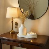Beyaz Seramik Vazo, Tealight Mumluk ve Dekoratif Tepsi Seti - Beyaz Minimal Tasarım
